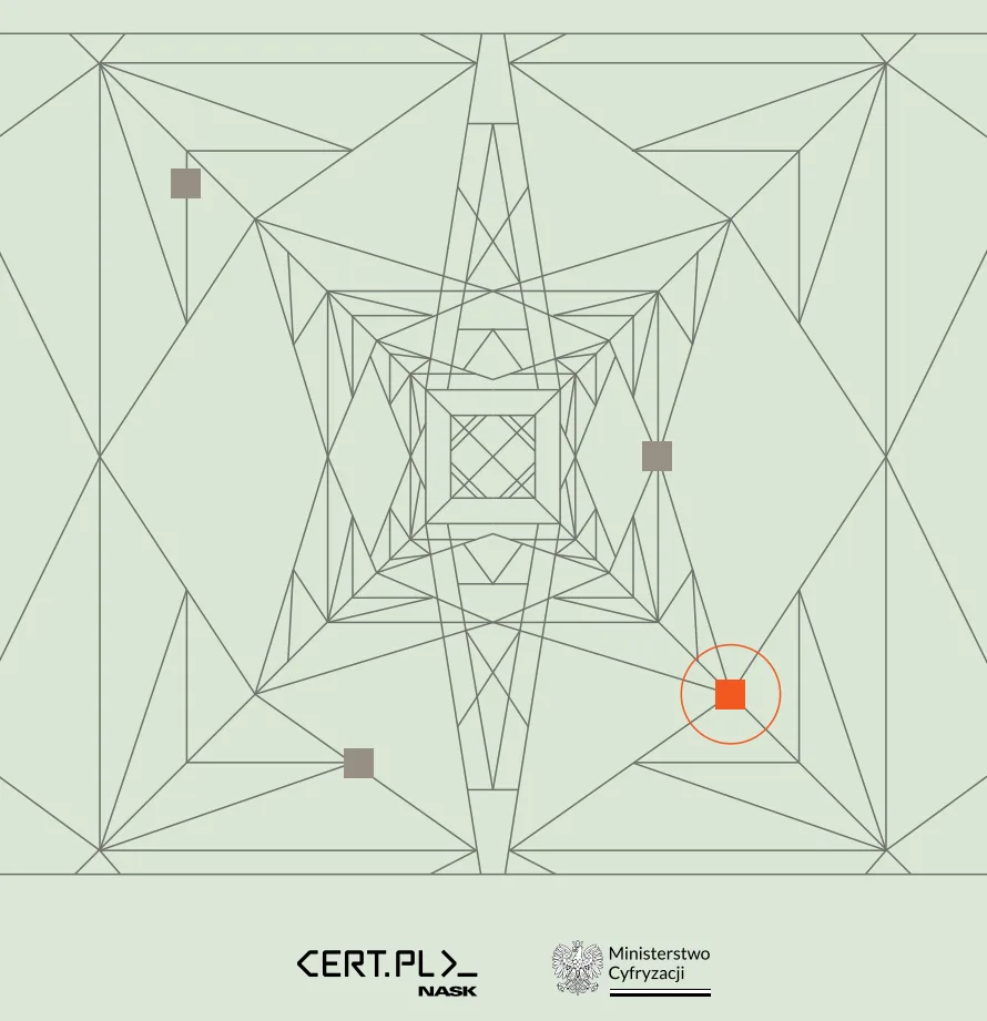 Ilustracja raportu CERT Polska z incydentu w sektorze energii: siatka połączeń z jednym wyróżnionym węzłem — punktem wejścia napastnika